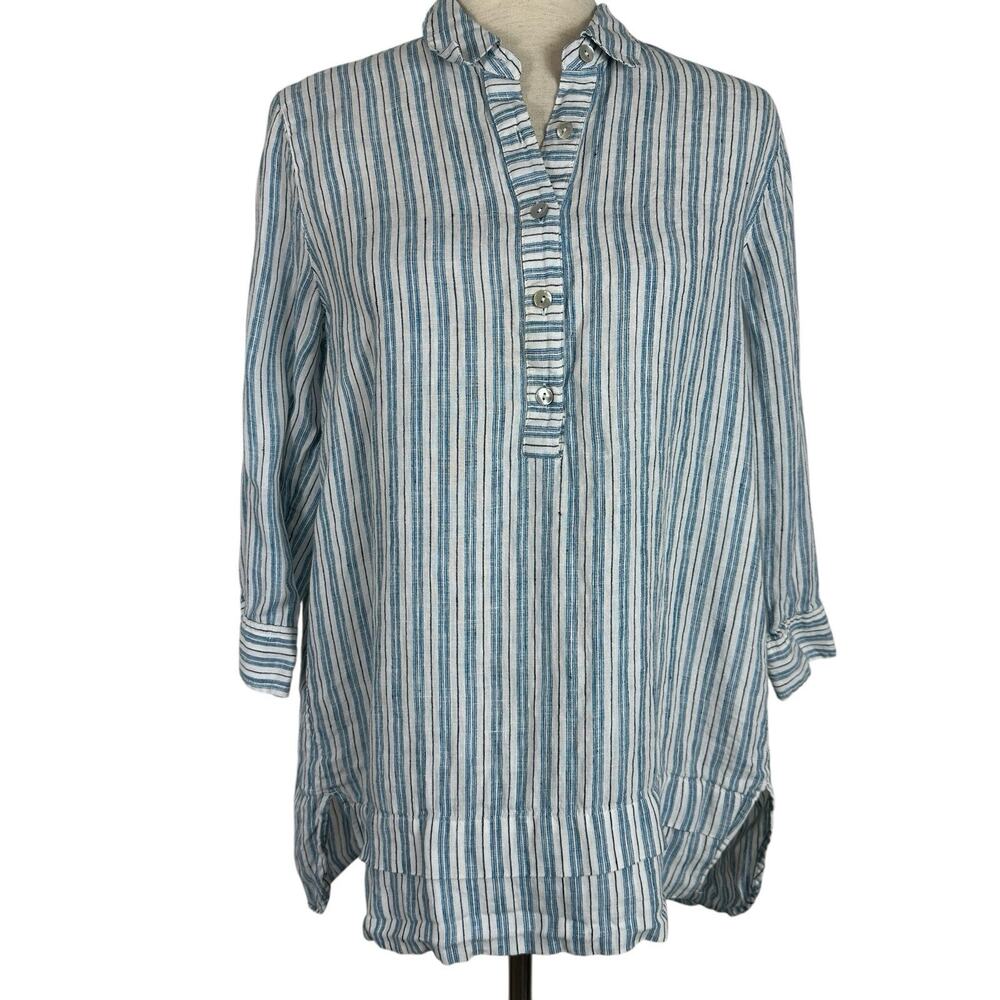 J Jill Love Linen Top Women Small Blue Striped Coastal Beachy Lagenlook Tunic